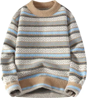 Men's Striped Pullover Sweater Winter Thermal Rib Knitted Jumpers Plus Size Fashion Long Sleeve Colorblock Dressy Top