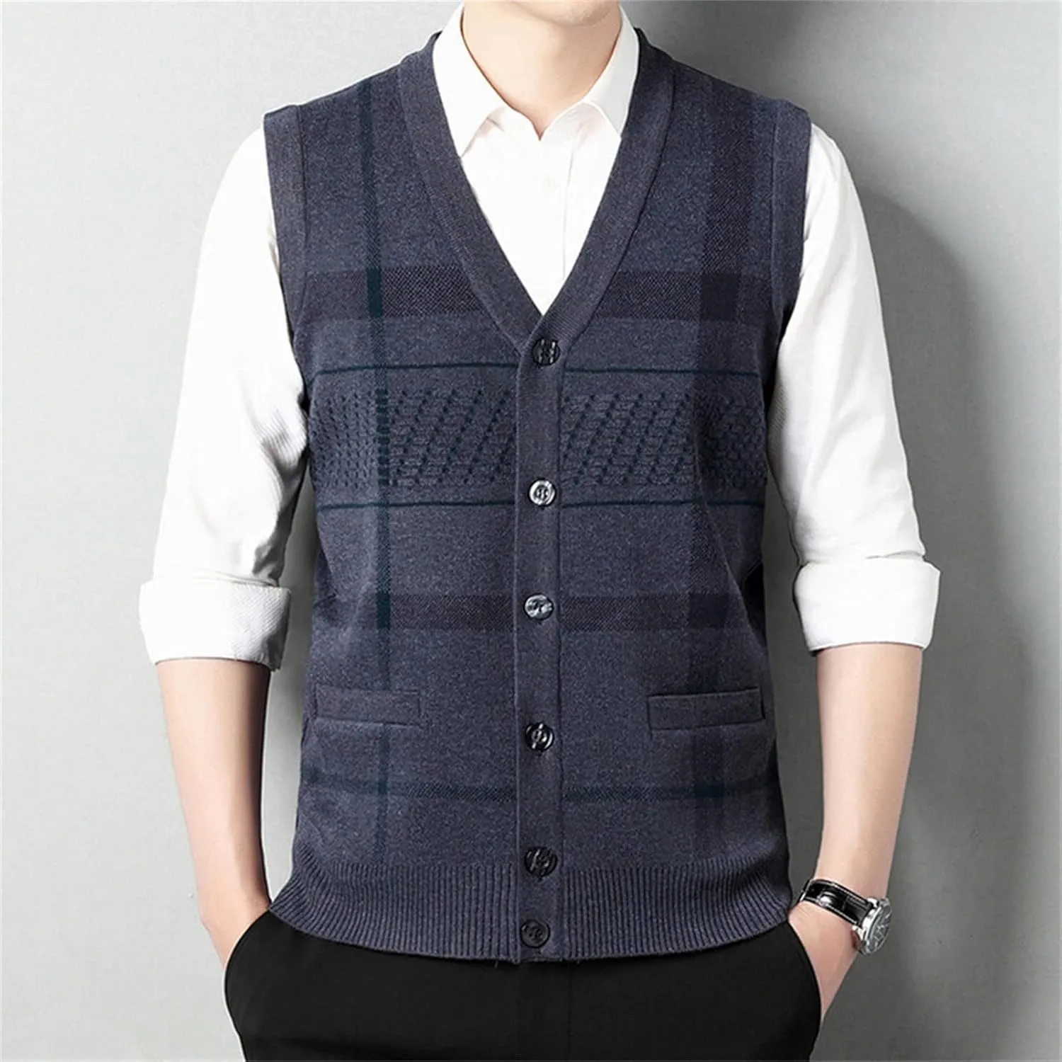 Mens Sweater Vest Classic V Neck Button Down Sleeveless Jackets Plus Size Casual Knitwear Cardigan Vest with Pockets