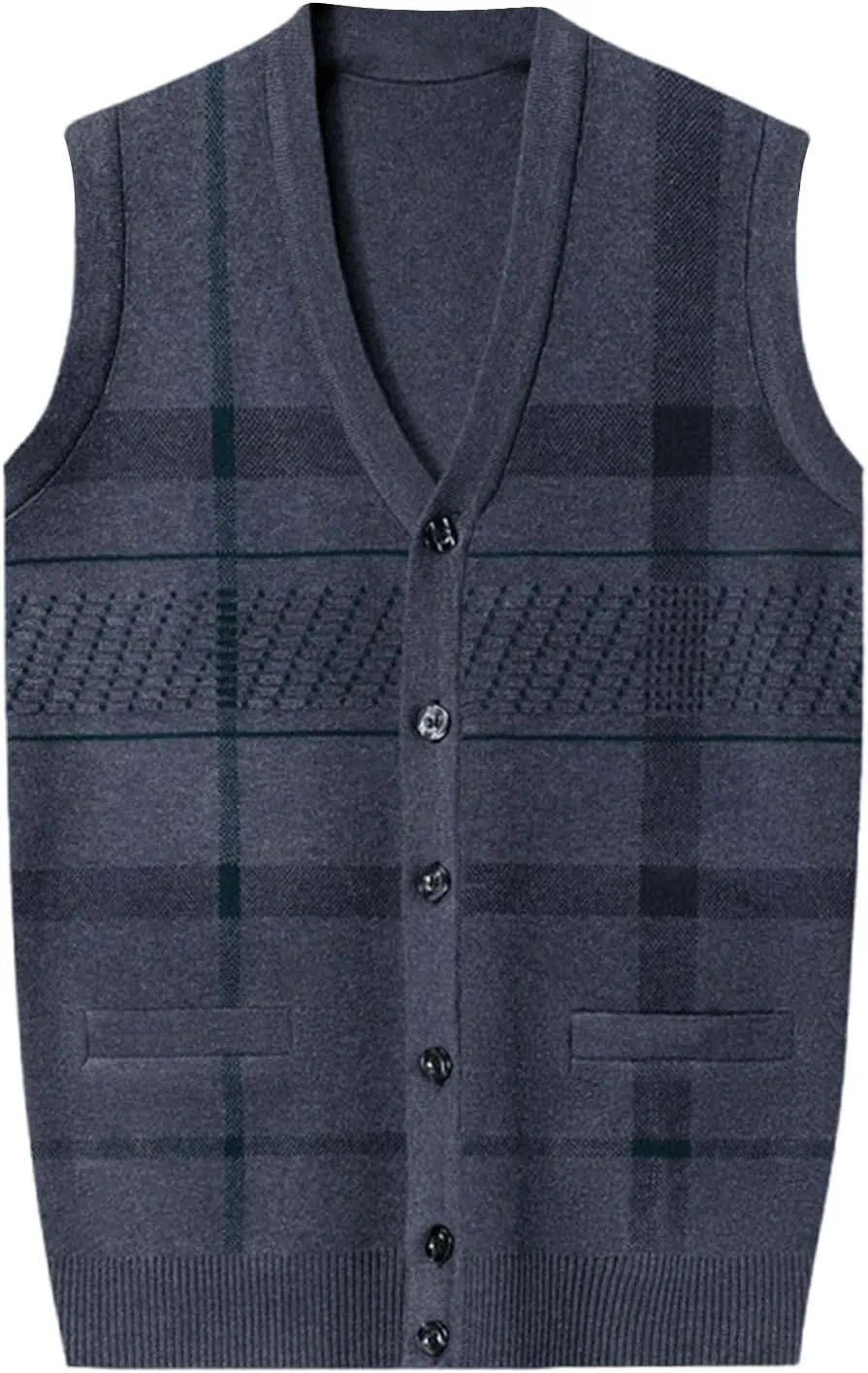 Mens Sweater Vest Classic V Neck Button Down Sleeveless Jackets Plus Size Casual Knitwear Cardigan Vest with Pockets