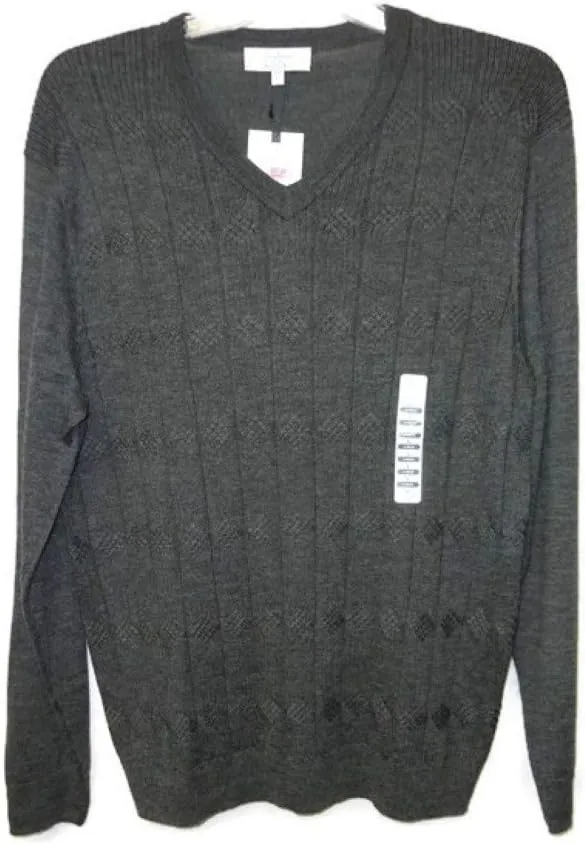 Mens V-Neck Merino Blend Cable Pullover Sweater Charcoal