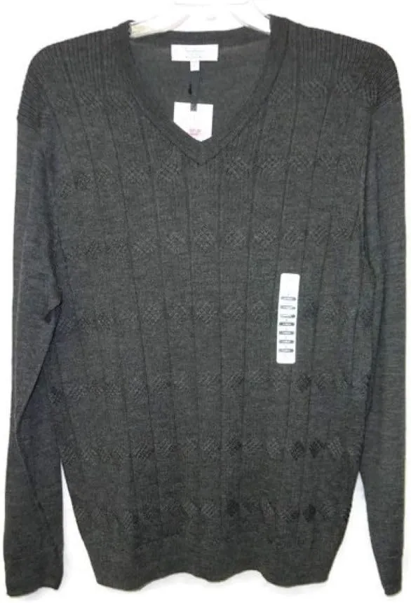 Mens V-Neck Merino Blend Cable Pullover Sweater Charcoal