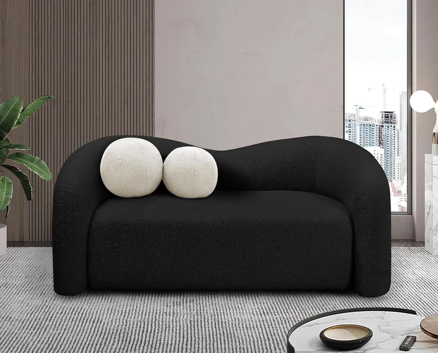 Meridian Furniture 186Black-L Kali Collection Modern | Contemporary Loveseat with Soft Black Faux Shearling Teddy Fabric, Curved Back, 62" W x 33" D x 27" H, Black