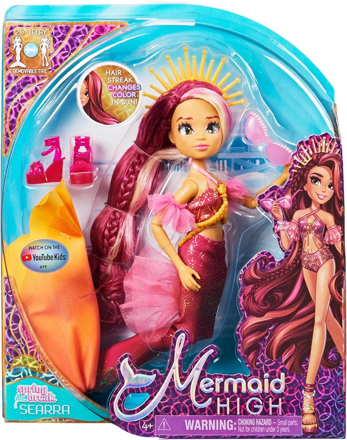 MERMAID HIGH, Spring Break Searra Mermaid Doll & Accessories with Removable Tail and Color Change Hair Streak, Kids Toys for Girls Ages 4 and up