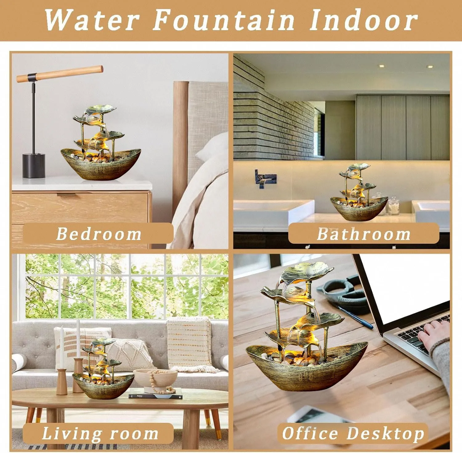 Metallic Gold 4-Tier Lotus Leaf & Ingot Tabletop Fountain - Indoor Metal Waterfall for Home Decoration