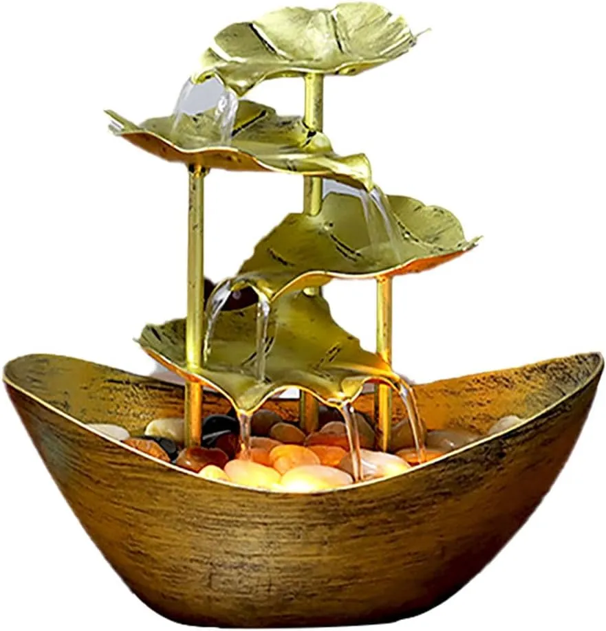 Metallic Gold 4-Tier Lotus Leaf & Ingot Tabletop Fountain - Indoor Metal Waterfall for Home Decoration