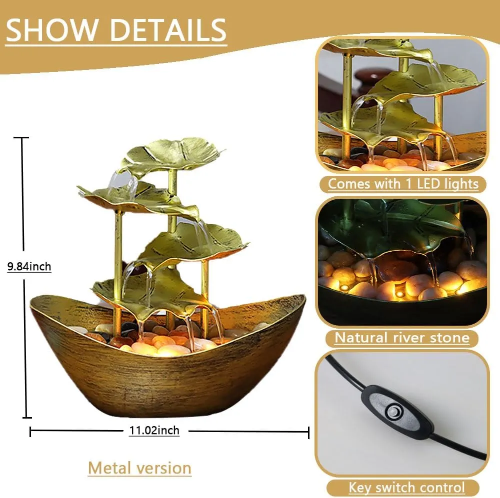 Metallic Gold 4-Tier Lotus Leaf & Ingot Tabletop Fountain - Indoor Metal Waterfall for Home Decoration