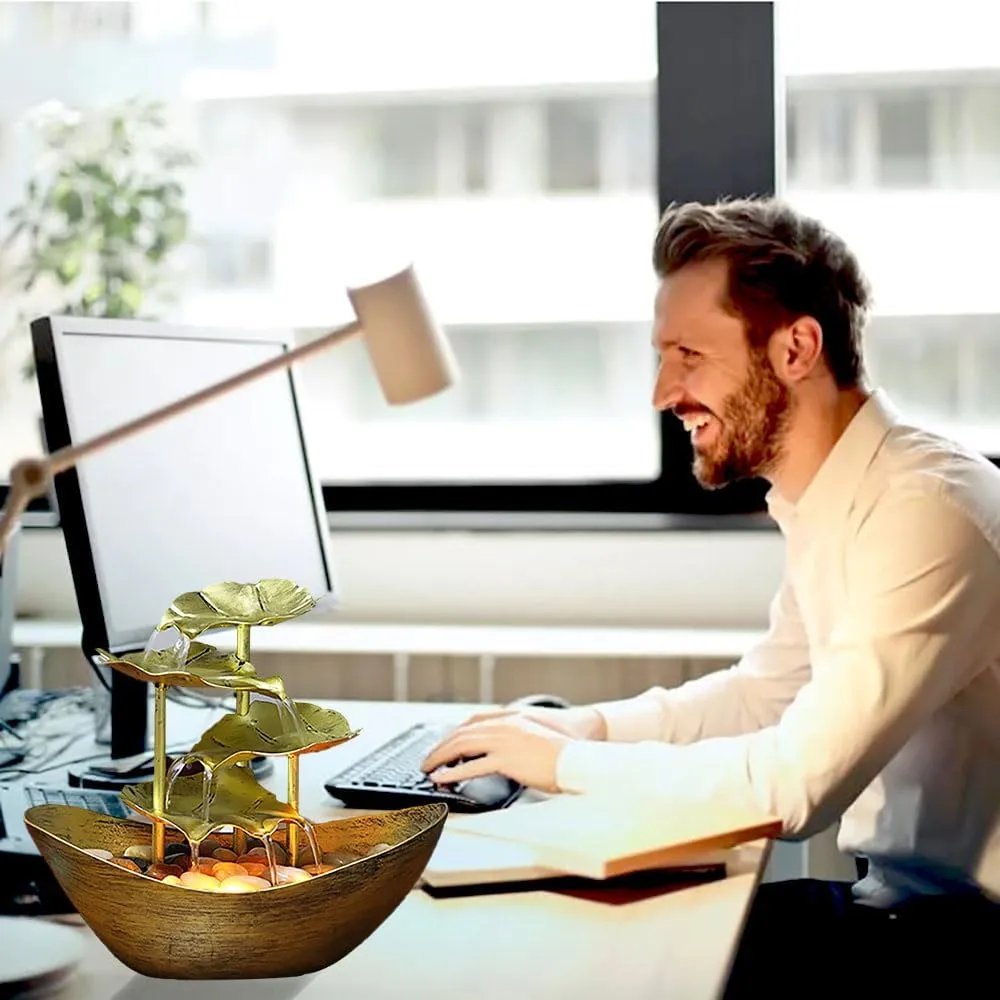 Metallic Gold 4-Tier Lotus Leaf & Ingot Tabletop Fountain - Indoor Metal Waterfall for Home Decoration