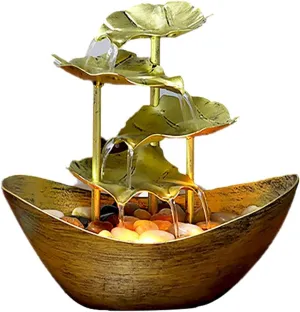 Metallic Gold 4-Tier Lotus Leaf & Ingot Tabletop Fountain - Indoor Metal Waterfall for Home Decoration