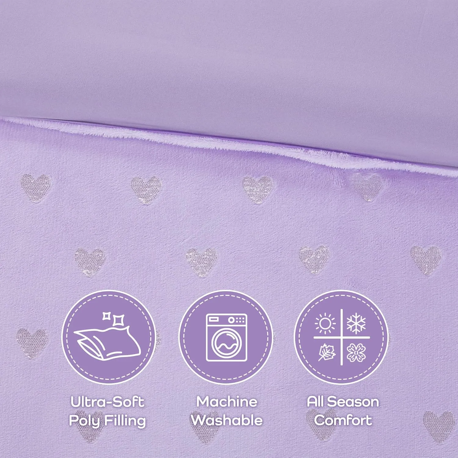 Mi Zone Rosalie Comforter Set for Girls, Ultra-Soft Microlight Plush Metallic Printed Hearts Brushed Reverse Overfilled Down Alternative Hypoallergenic All Season, Twin/Twin XL, Purple/Silver, 3 Piece