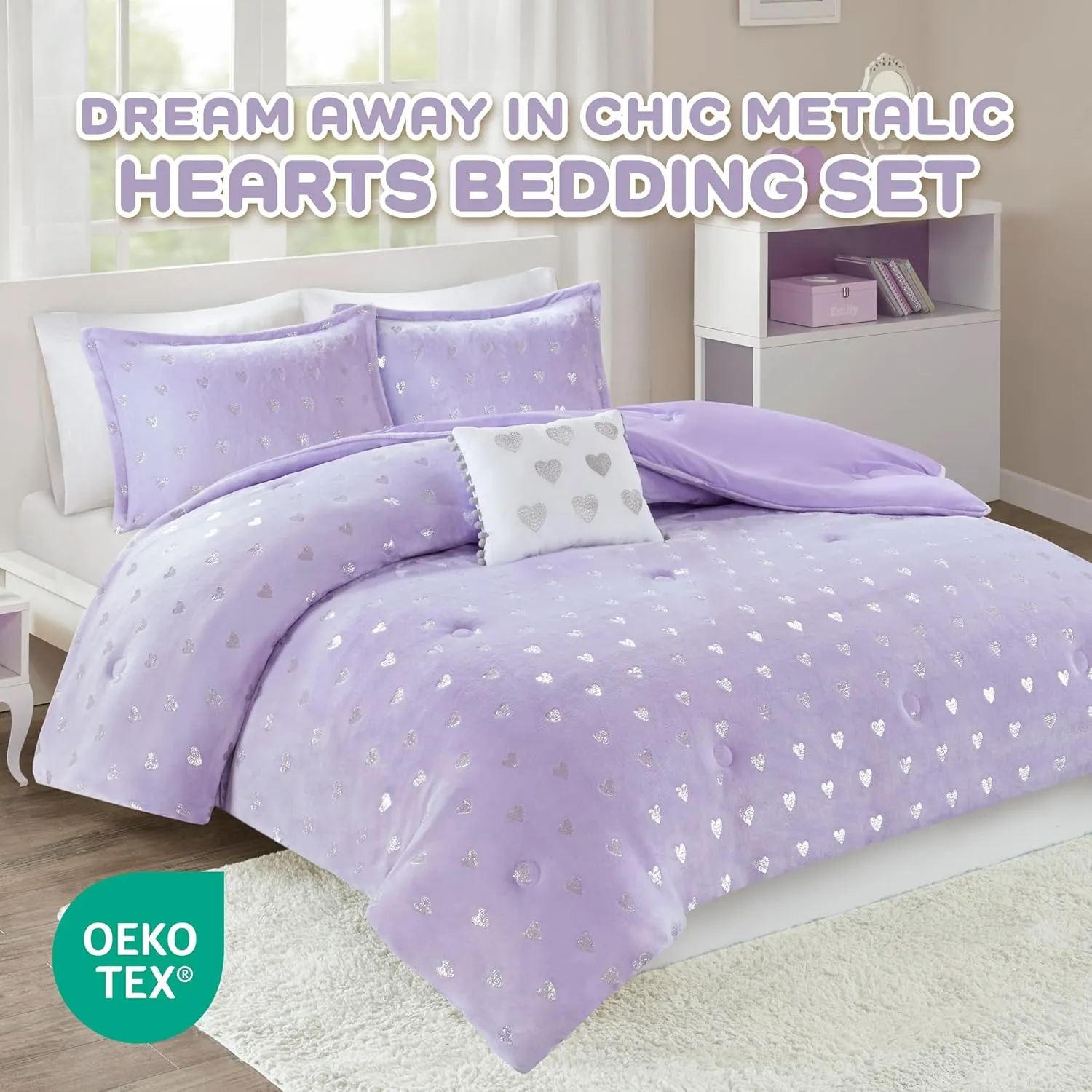 Mi Zone Rosalie Comforter Set for Girls, Ultra-Soft Microlight Plush Metallic Printed Hearts Brushed Reverse Overfilled Down Alternative Hypoallergenic All Season, Twin/Twin XL, Purple/Silver, 3 Piece