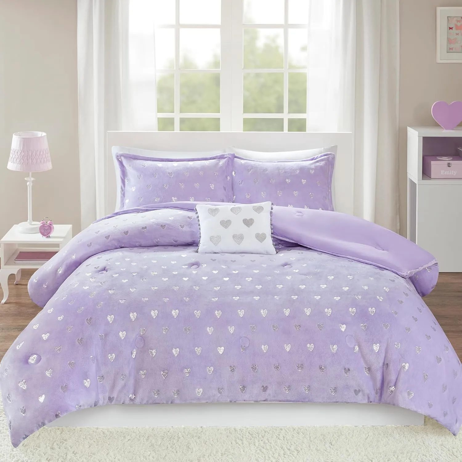 Mi Zone Rosalie Comforter Set for Girls, Ultra-Soft Microlight Plush Metallic Printed Hearts Brushed Reverse Overfilled Down Alternative Hypoallergenic All Season, Twin/Twin XL, Purple/Silver, 3 Piece