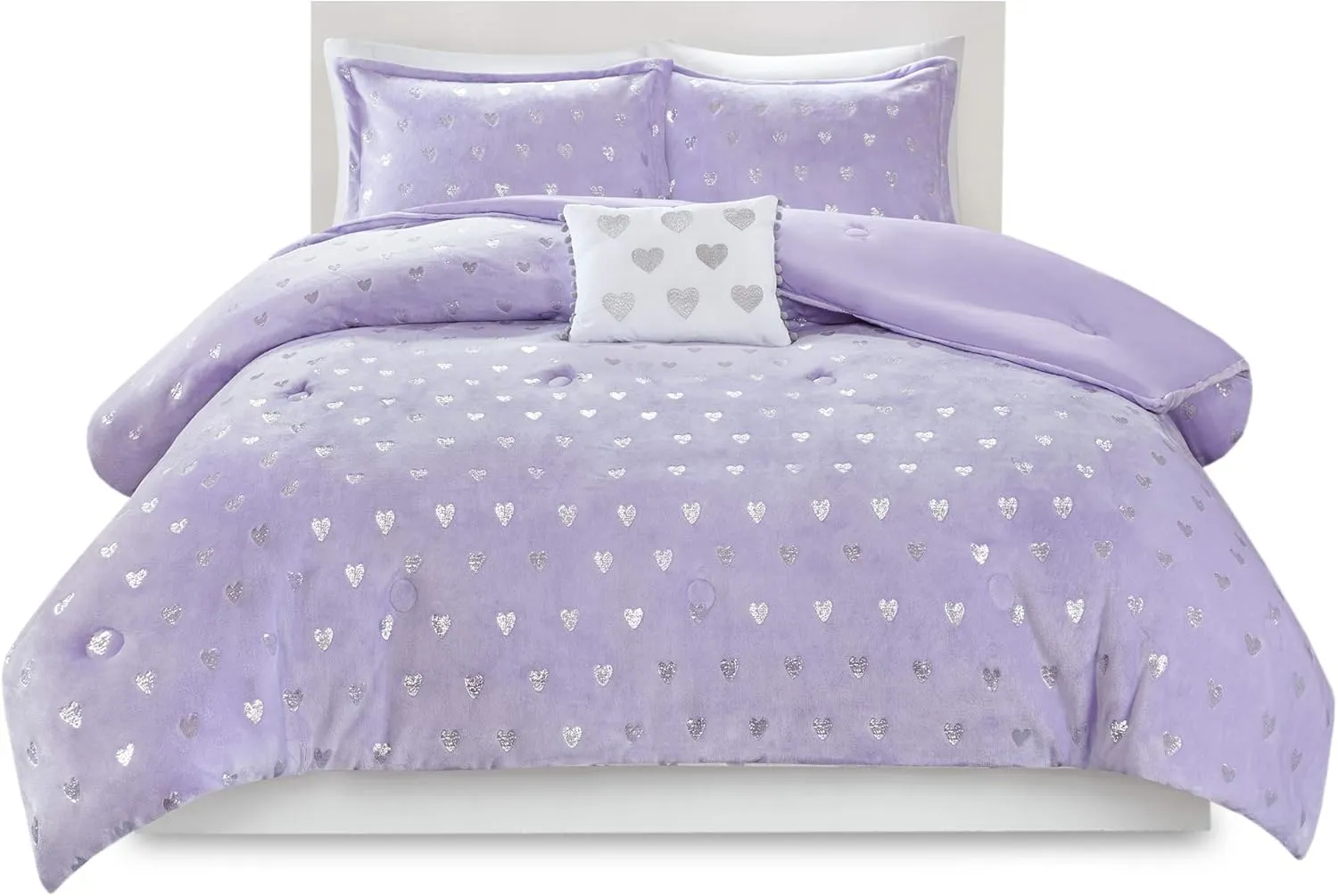 Mi Zone Rosalie Comforter Set for Girls, Ultra-Soft Microlight Plush Metallic Printed Hearts Brushed Reverse Overfilled Down Alternative Hypoallergenic All Season, Twin/Twin XL, Purple/Silver, 3 Piece