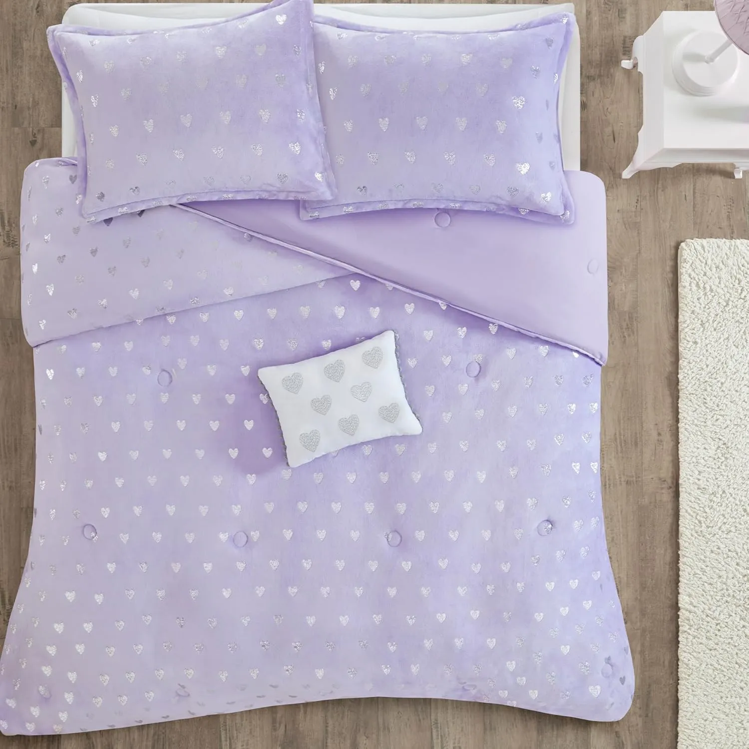 Mi Zone Rosalie Comforter Set for Girls, Ultra-Soft Microlight Plush Metallic Printed Hearts Brushed Reverse Overfilled Down Alternative Hypoallergenic All Season, Twin/Twin XL, Purple/Silver, 3 Piece