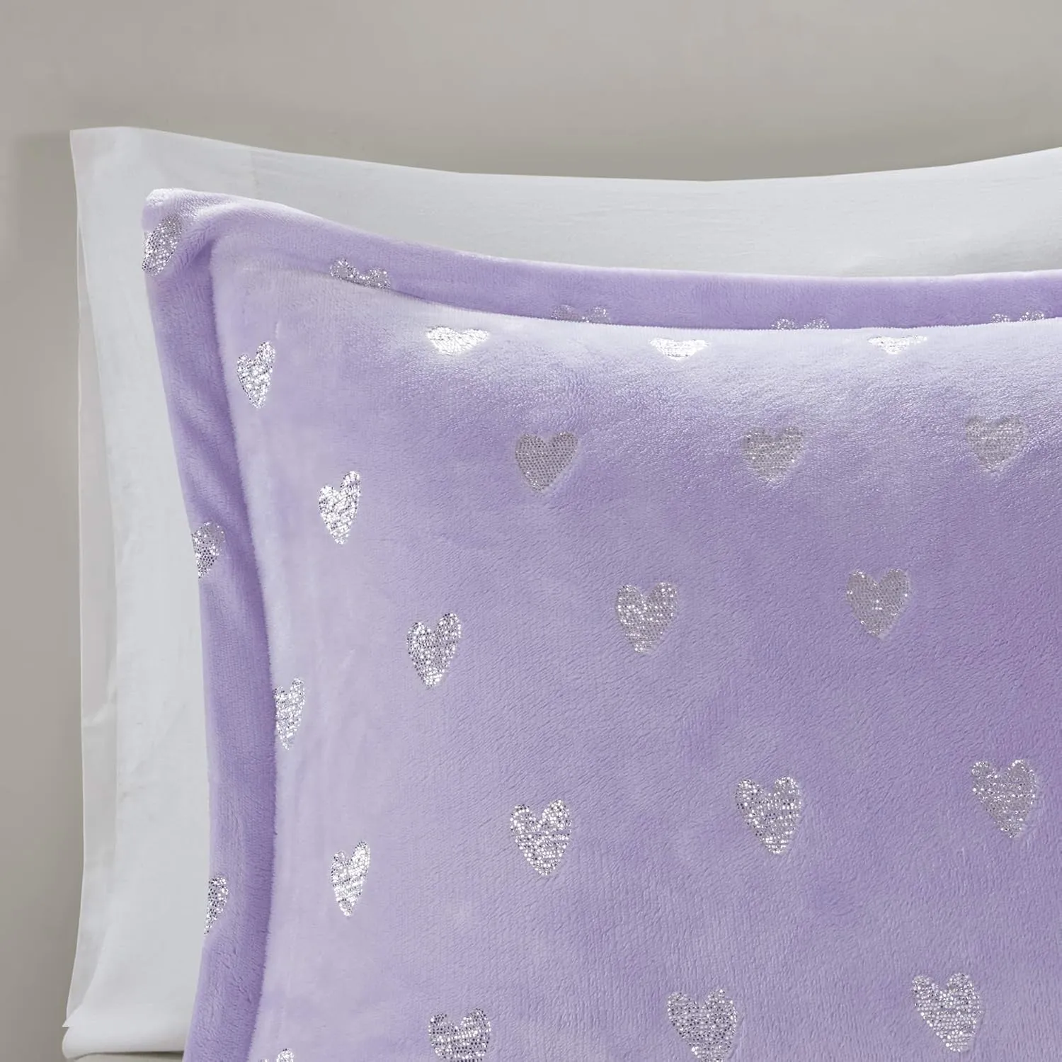 Mi Zone Rosalie Comforter Set for Girls, Ultra-Soft Microlight Plush Metallic Printed Hearts Brushed Reverse Overfilled Down Alternative Hypoallergenic All Season, Twin/Twin XL, Purple/Silver, 3 Piece