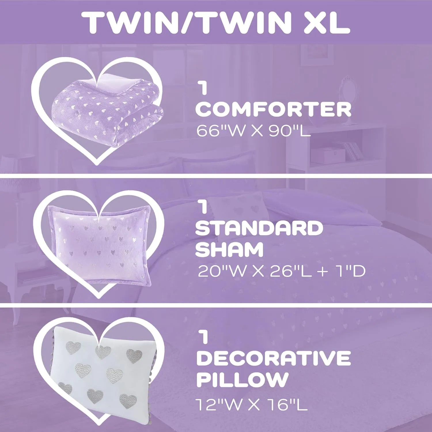 Mi Zone Rosalie Comforter Set for Girls, Ultra-Soft Microlight Plush Metallic Printed Hearts Brushed Reverse Overfilled Down Alternative Hypoallergenic All Season, Twin/Twin XL, Purple/Silver, 3 Piece
