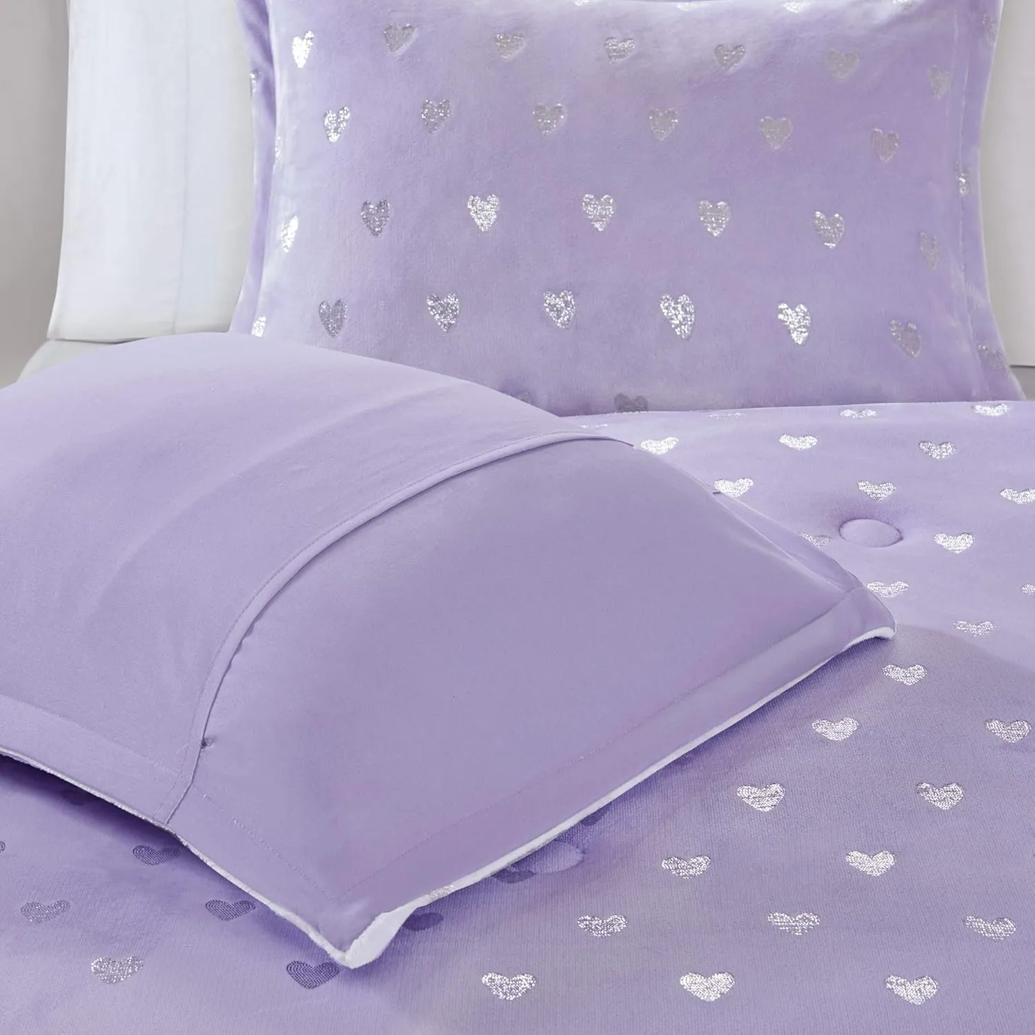 Mi Zone Rosalie Comforter Set for Girls, Ultra-Soft Microlight Plush Metallic Printed Hearts Brushed Reverse Overfilled Down Alternative Hypoallergenic All Season, Twin/Twin XL, Purple/Silver, 3 Piece