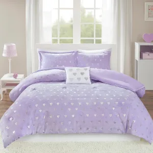 Mi Zone Rosalie Comforter Set for Girls, Ultra-Soft Microlight Plush Metallic Printed Hearts Brushed Reverse Overfilled Down Alternative Hypoallergenic All Season, Twin/Twin XL, Purple/Silver, 3 Piece