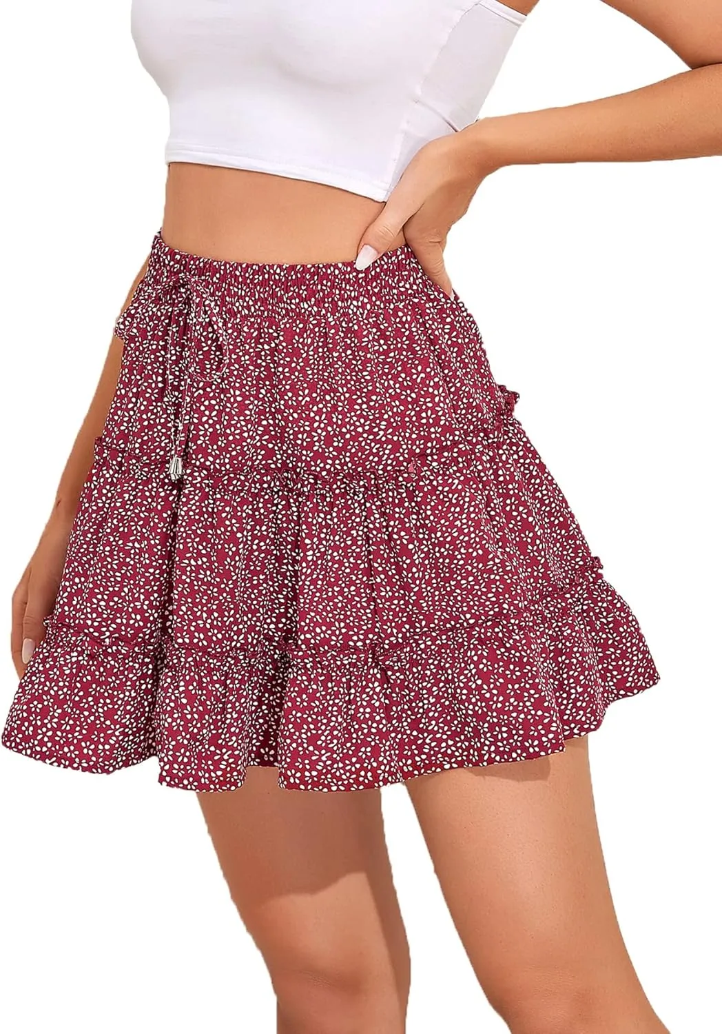 Mingnos Women's Cute Layered Ruffle Floral Printed High Waisted A-line Mini Skirt with Drawstring Décor