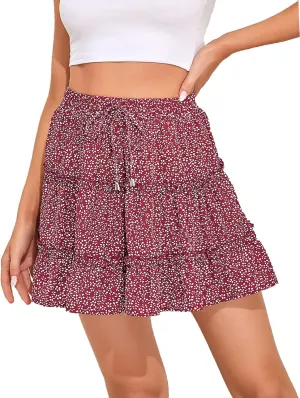 Mingnos Women's Cute Layered Ruffle Floral Printed High Waisted A-line Mini Skirt with Drawstring Décor