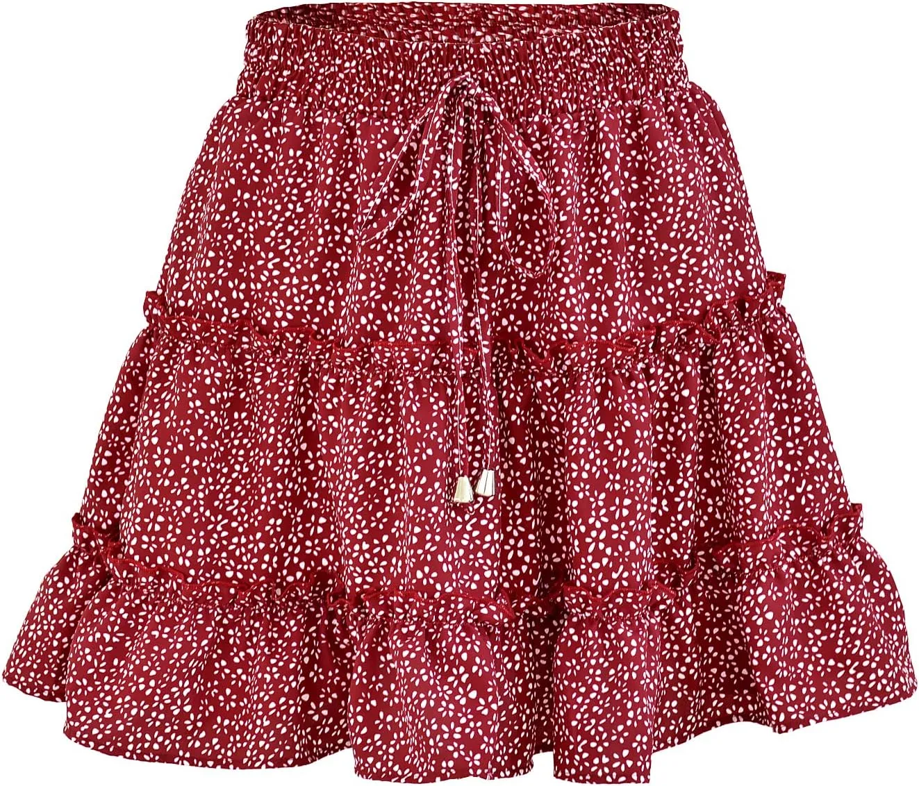Mingnos Women's Cute Layered Ruffle Floral Printed High Waisted A-line Mini Skirt with Drawstring Décor