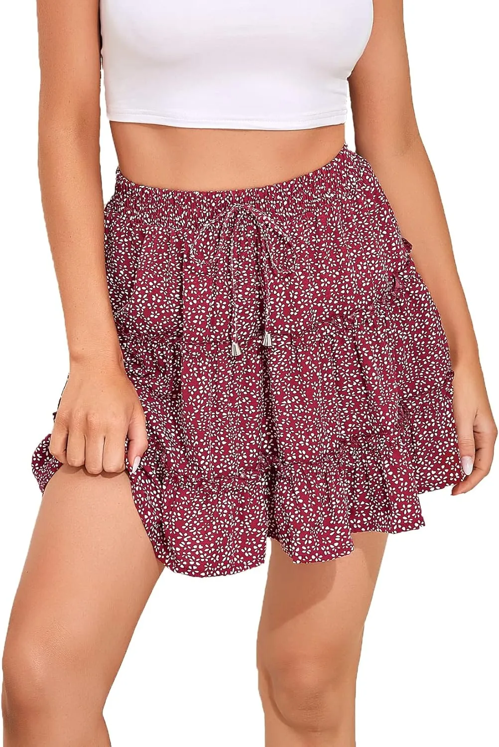 Mingnos Women's Cute Layered Ruffle Floral Printed High Waisted A-line Mini Skirt with Drawstring Décor