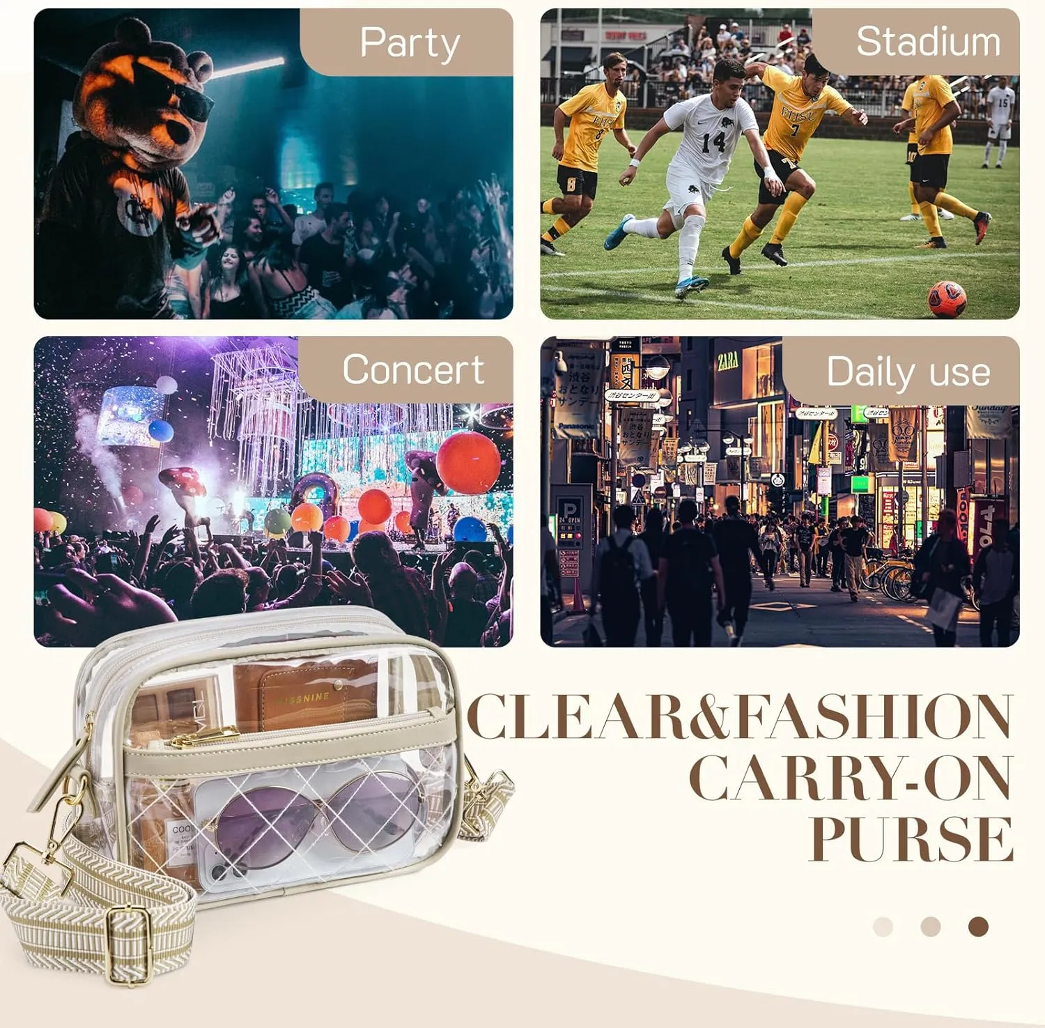 Missnine Clear Bag for Stadium Events Quilted Clear Purse for Women Stadium Approved PVC Crossbody Concert Bag