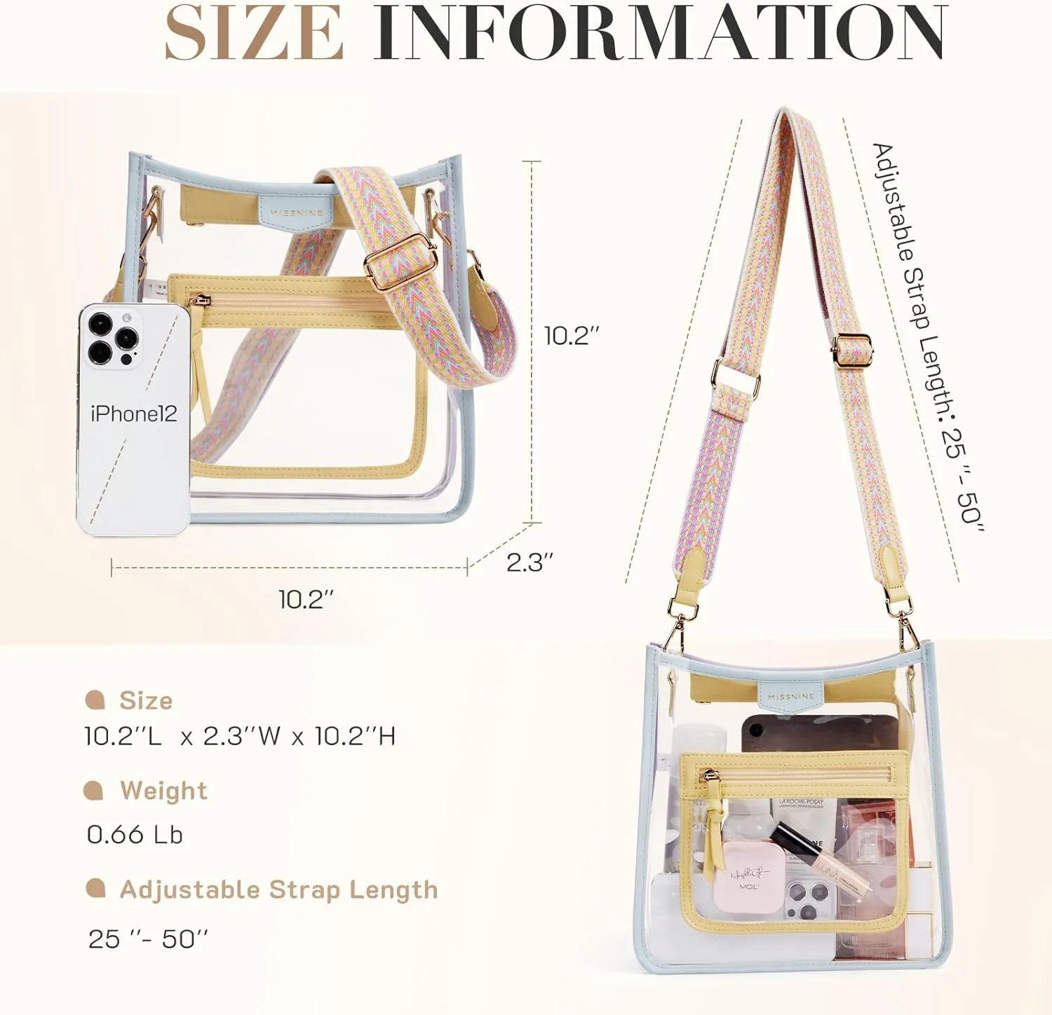 Missnine Clear Crossbody Bags for Women Stadium Approved Clear Purse for Concert Transparent Plastic Bag with Guitar Strap