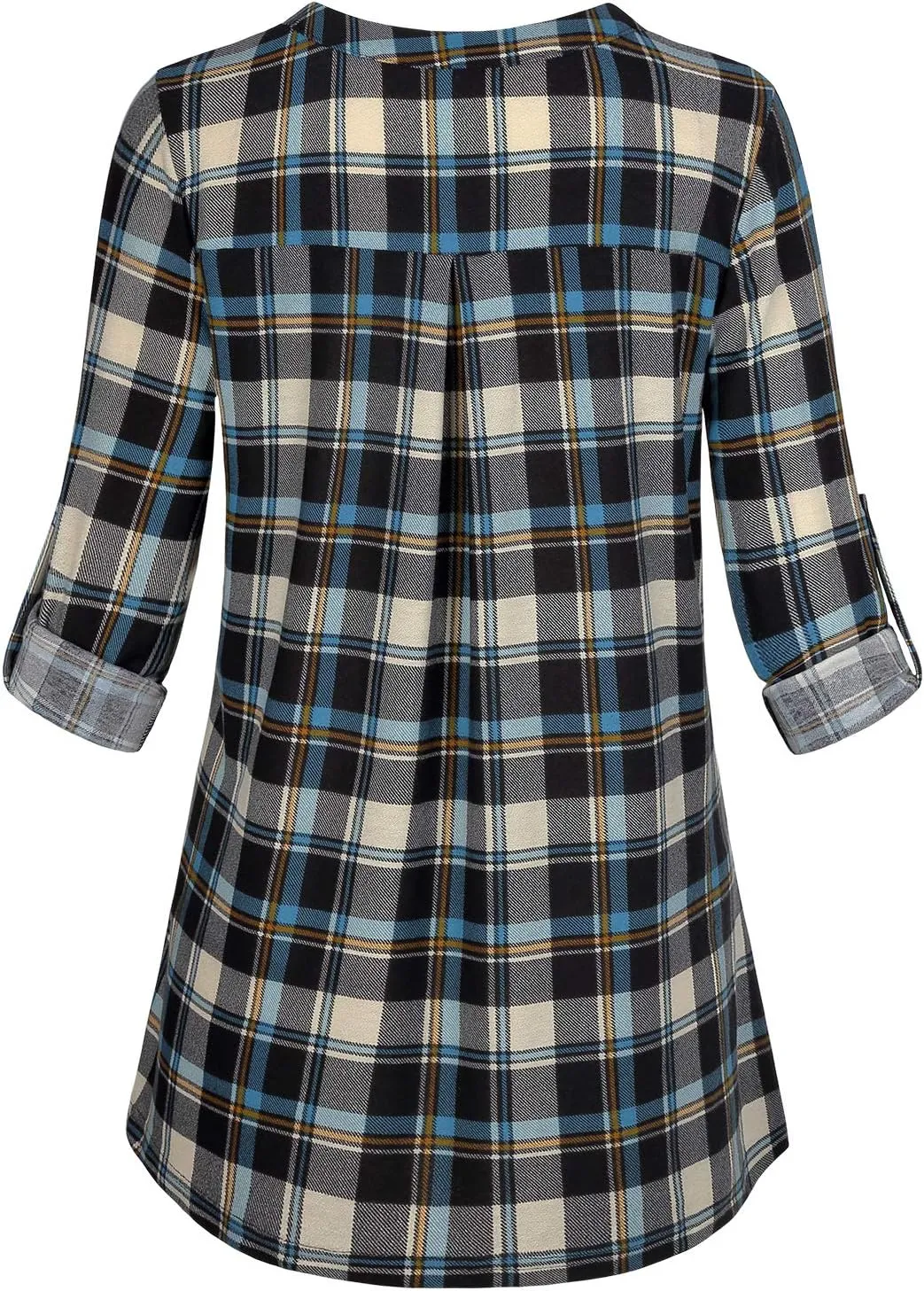 MIXJOY Baikea Women's 3/4 Sleeve V Neck Plaid Shirt Casual Tunic Blouse with Chest Flaps