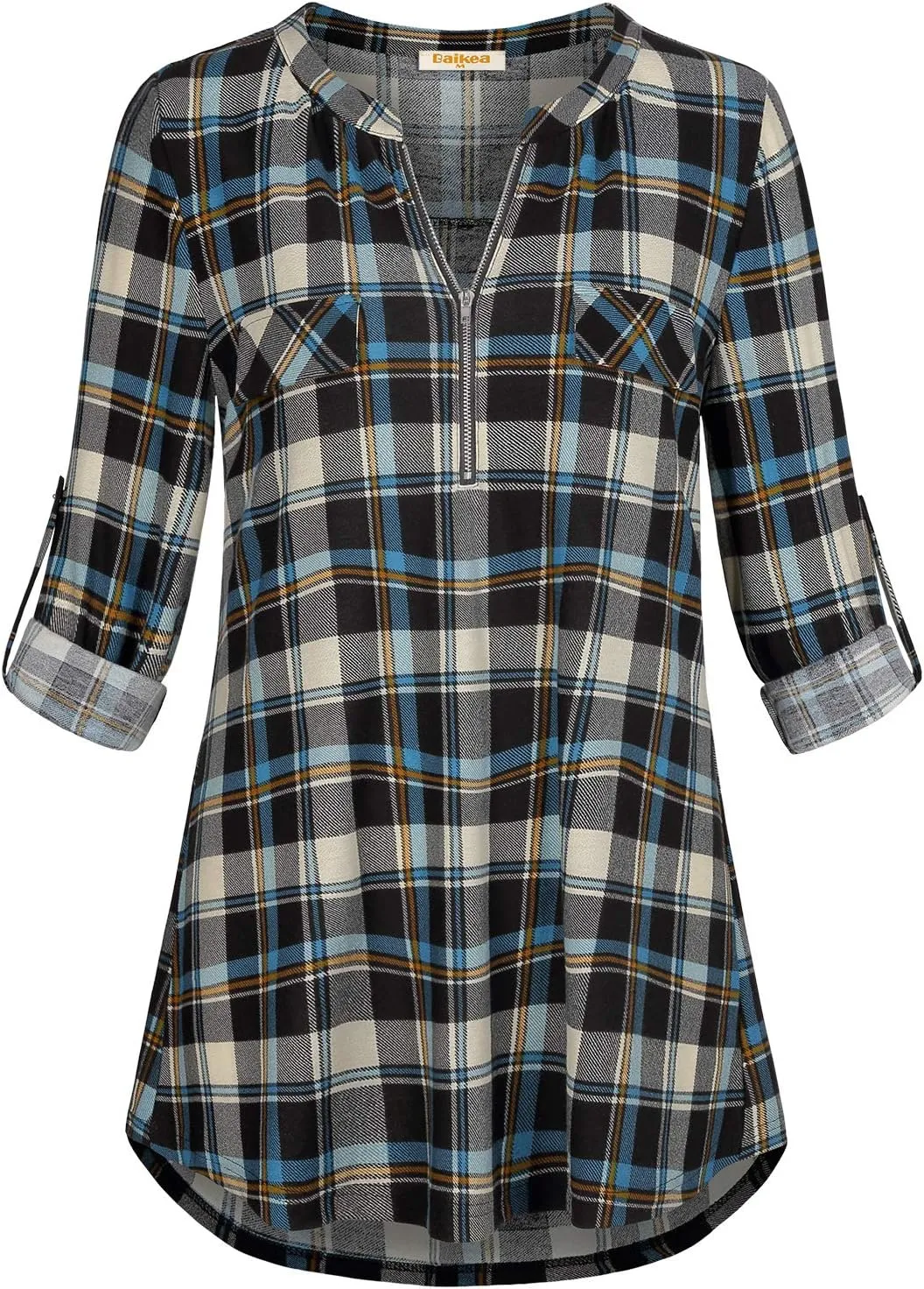 MIXJOY Baikea Women's 3/4 Sleeve V Neck Plaid Shirt Casual Tunic Blouse with Chest Flaps