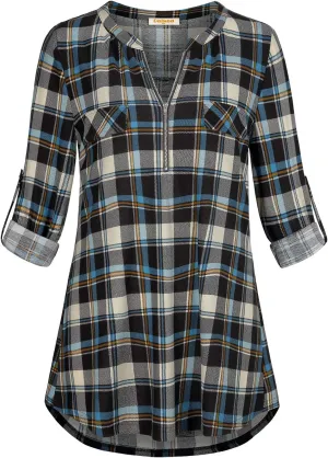 MIXJOY Baikea Women's 3/4 Sleeve V Neck Plaid Shirt Casual Tunic Blouse with Chest Flaps
