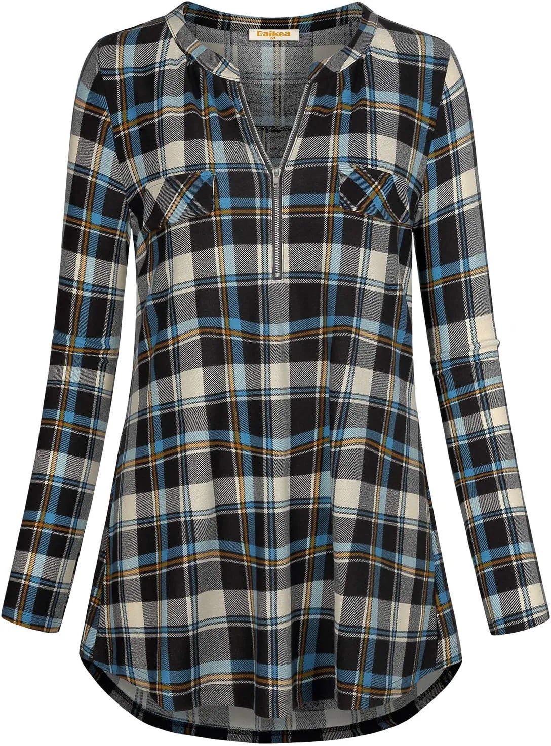 MIXJOY Baikea Women's 3/4 Sleeve V Neck Plaid Shirt Casual Tunic Blouse with Chest Flaps