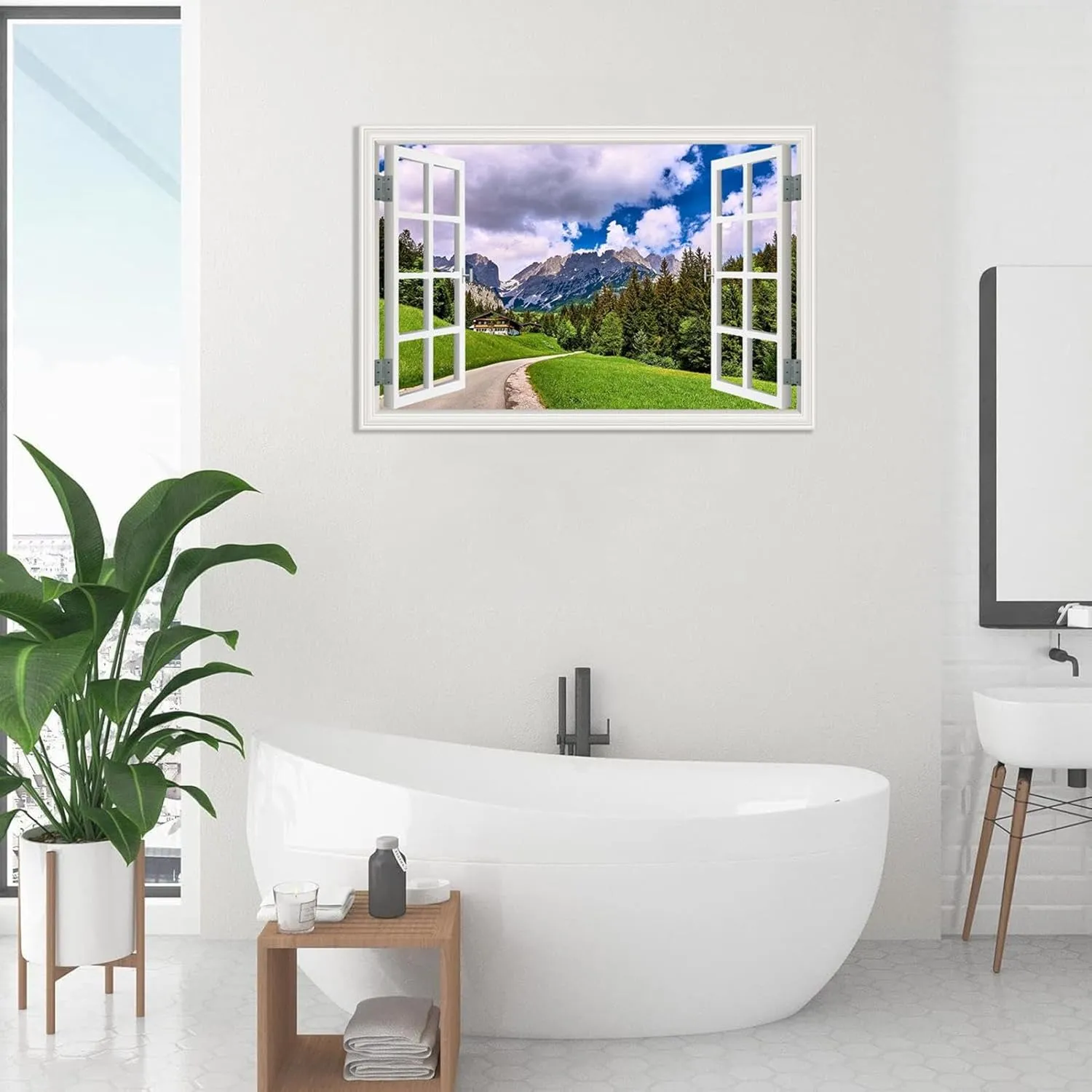 MOBYAT Canvas Print Wall Art Window View 3D Alpine rock path Nature Mountain Mural for Living Room Bedroom Decor 75x50cm(30x20in) inner frame