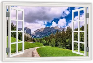MOBYAT Canvas Print Wall Art Window View 3D Alpine rock path Nature Mountain Mural for Living Room Bedroom Decor 75x50cm(30x20in) inner frame