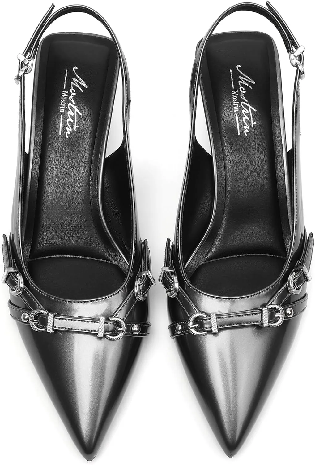 Mostrin Kitten Heels for Women Pointed Toe Pumps Patent Leather Low Heel Slingback Heels with Buckle Dress Shoes for Dating Party Working
