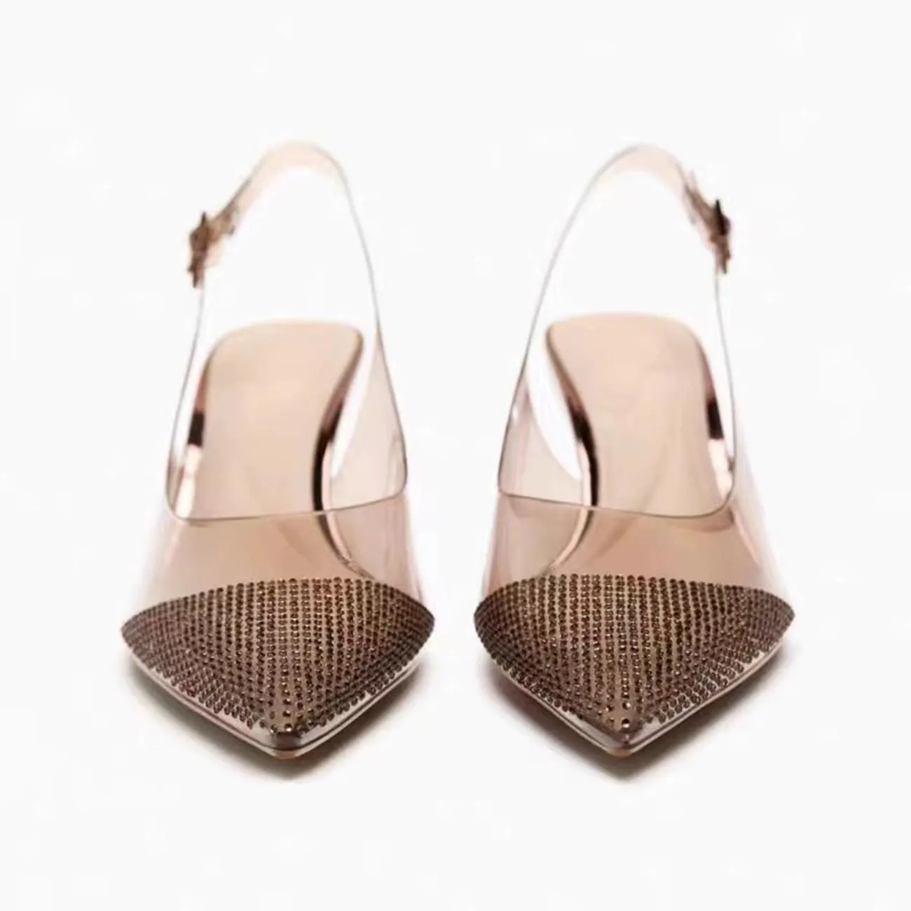 MRKEWUNEY Fashion Rhinestone Clear Slingback Pumps Shoes for Women Pointed Toe PVC Kitten Heels