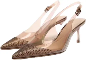 MRKEWUNEY Fashion Rhinestone Clear Slingback Pumps Shoes for Women Pointed Toe PVC Kitten Heels