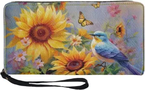 Mumeson Bird Sunflower Long Wallet Womens Leather Purse Casual Wristlet Coin Wallet Casual Lightweight Mini Handbags Luxury Leather PU Wallet for Party Travel