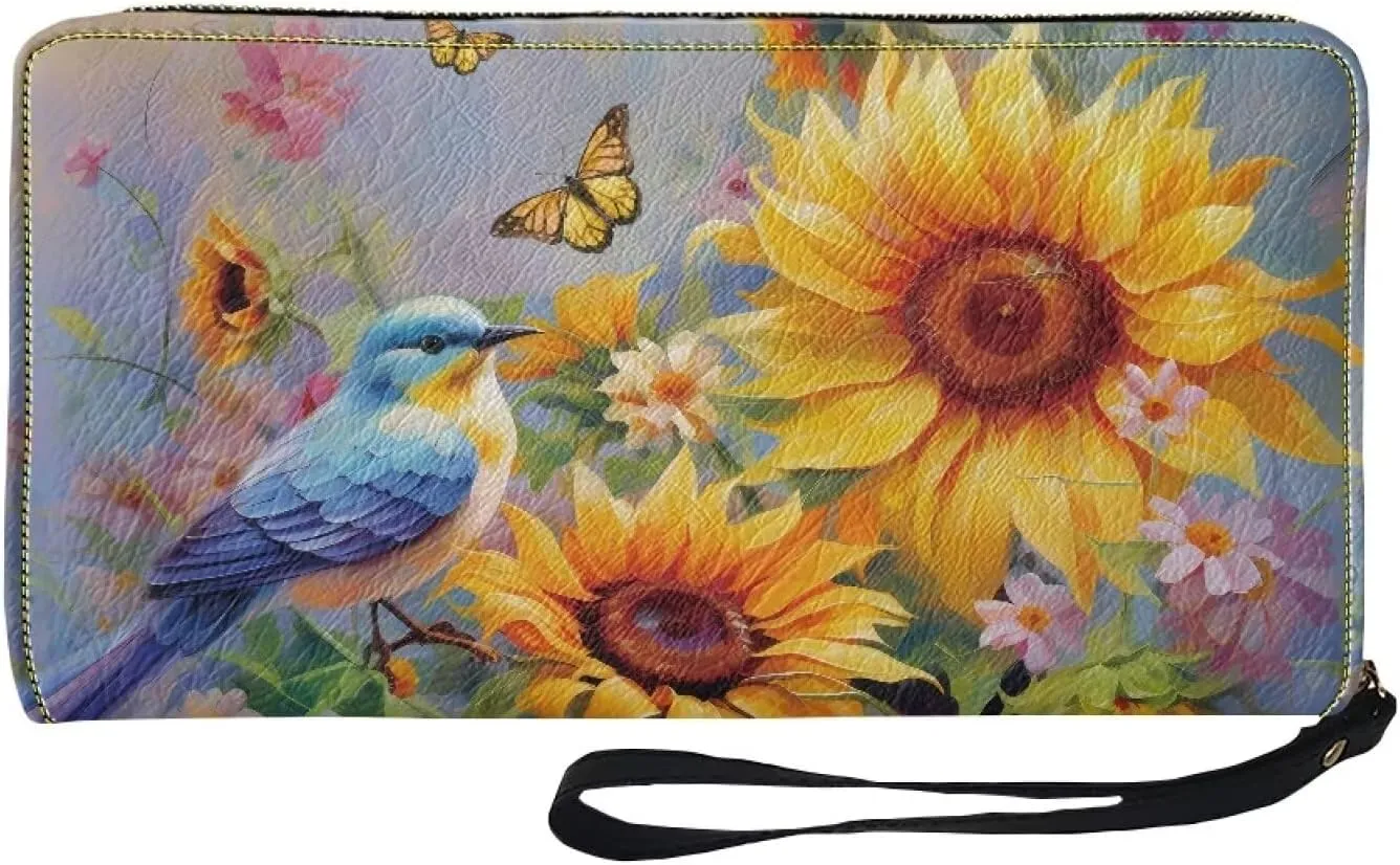 Mumeson Bird Sunflower Long Wallet Womens Leather Purse Casual Wristlet Coin Wallet Casual Lightweight Mini Handbags Luxury Leather PU Wallet for Party Travel