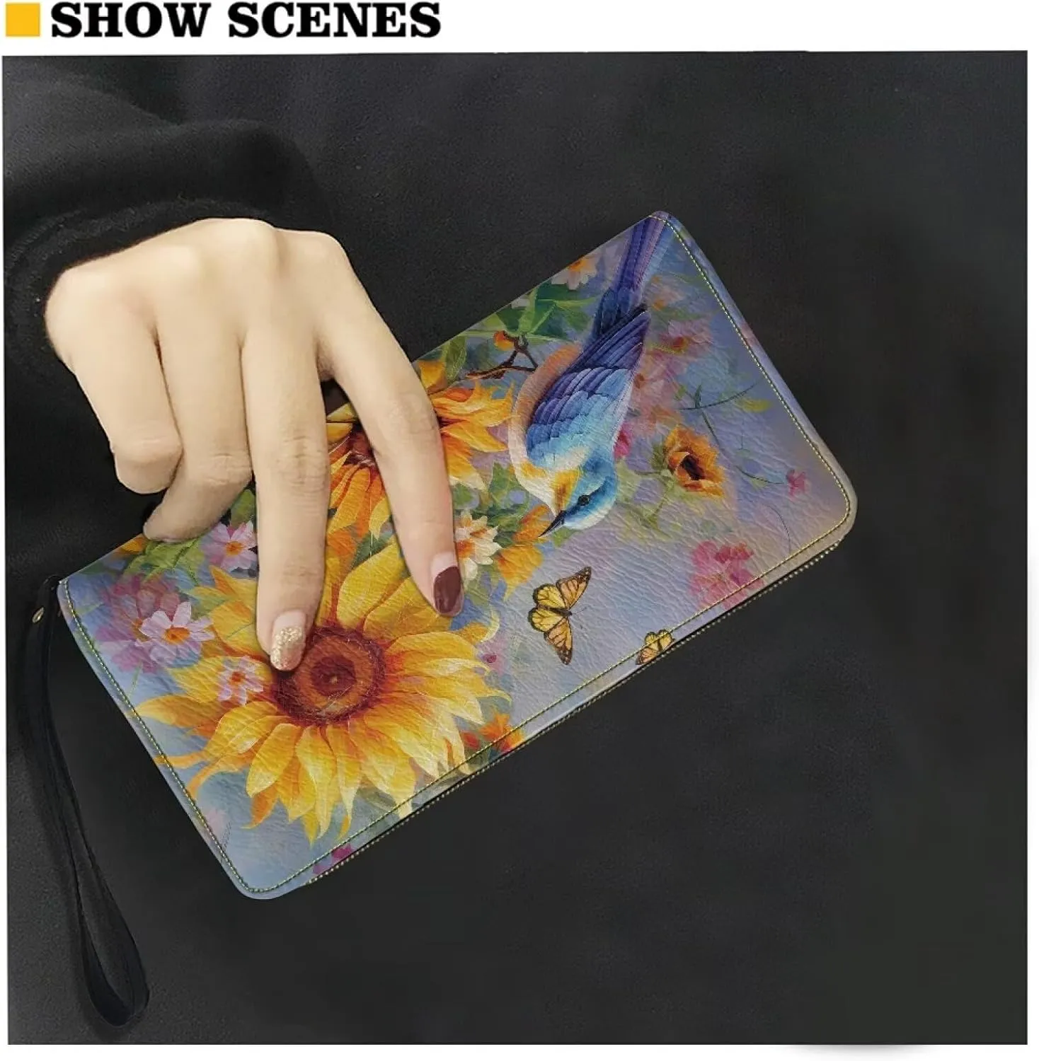 Mumeson Bird Sunflower Long Wallet Womens Leather Purse Casual Wristlet Coin Wallet Casual Lightweight Mini Handbags Luxury Leather PU Wallet for Party Travel