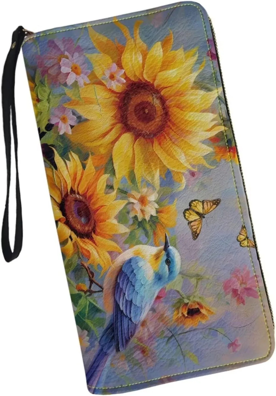 Mumeson Bird Sunflower Long Wallet Womens Leather Purse Casual Wristlet Coin Wallet Casual Lightweight Mini Handbags Luxury Leather PU Wallet for Party Travel
