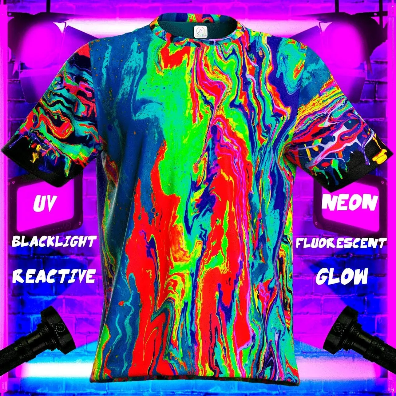 Neon UV Glow Blacklight Designed Handmade Art Shirt Printed Short Sleeve Sport Workout Exercise Boy Guy Unisex Men T-Shirt