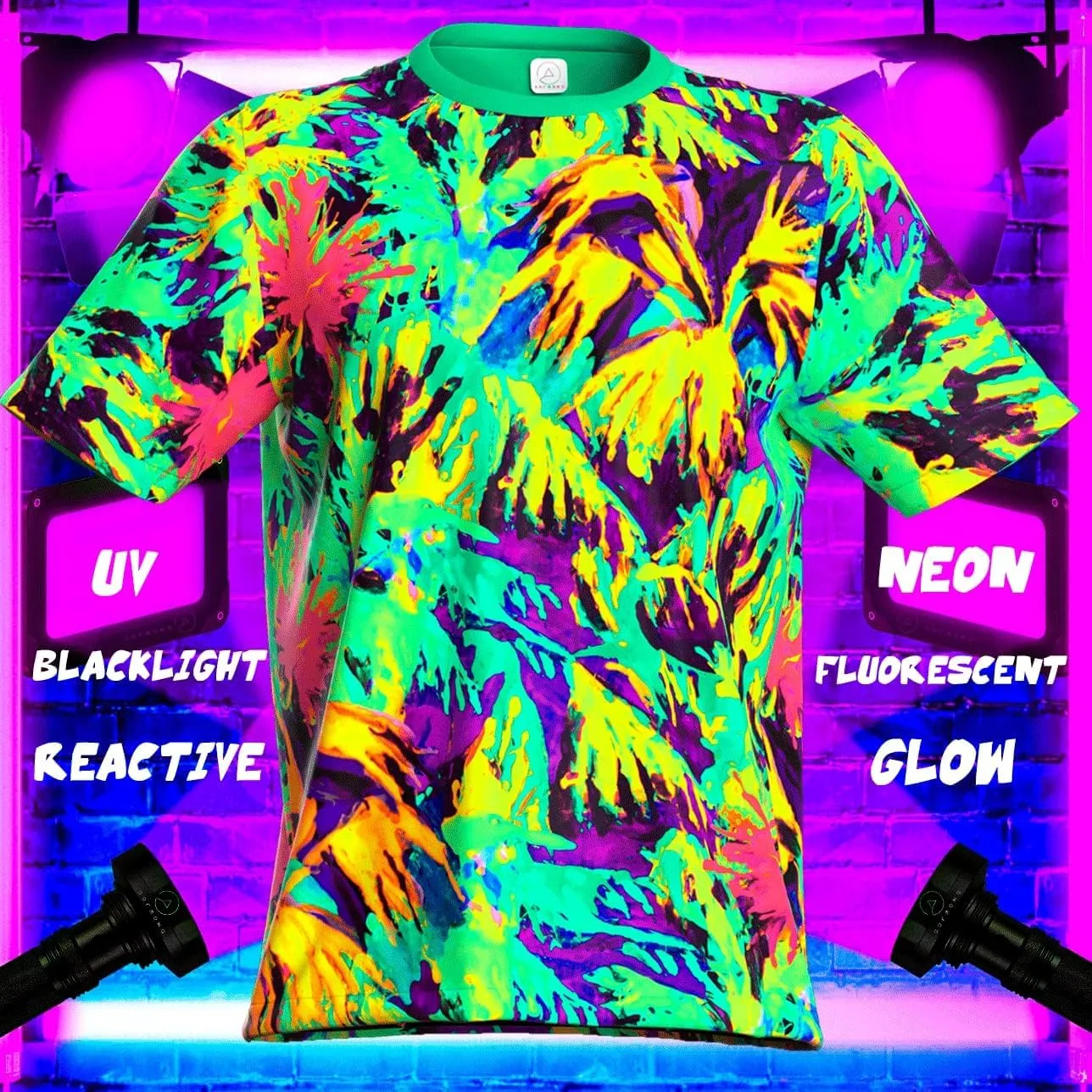 Neon UV Glow Blacklight Designed Handmade Art Shirt Printed Short Sleeve Sport Workout Exercise Boy Guy Unisex Men T-Shirt