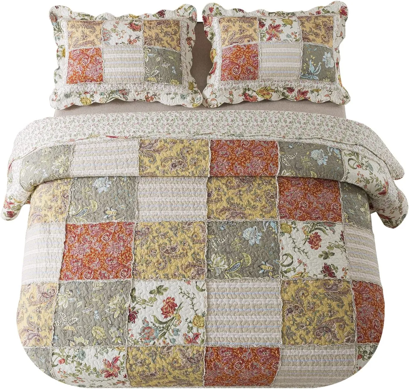 NEWLAKE Cotton Patchwork Bedspread, 3-Piece Bedding Quilt Set with Real Stitched Embroidery, Reversible Matelasse Bed Coverlet Set,Floral Paisley Grid with Lace,Queen Size