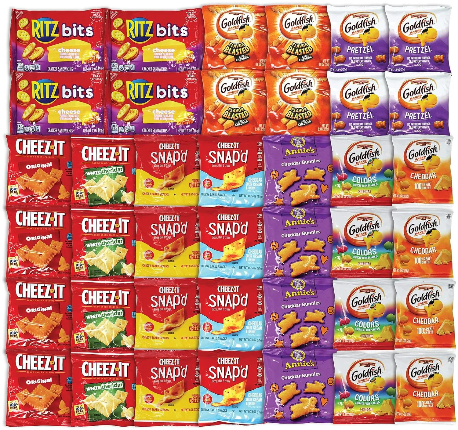 Niro Assortment | 40 Packs Individual Bags Cheese Crackers Variety Pack, Cheez-It, Gold fish, Annie's, and Ritz Bits Snack Packs | Snacks for Adults and Children