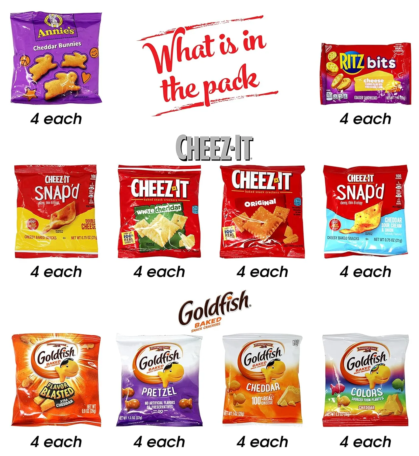 Niro Assortment | 40 Packs Individual Bags Cheese Crackers Variety Pack, Cheez-It, Gold fish, Annie's, and Ritz Bits Snack Packs | Snacks for Adults and Children