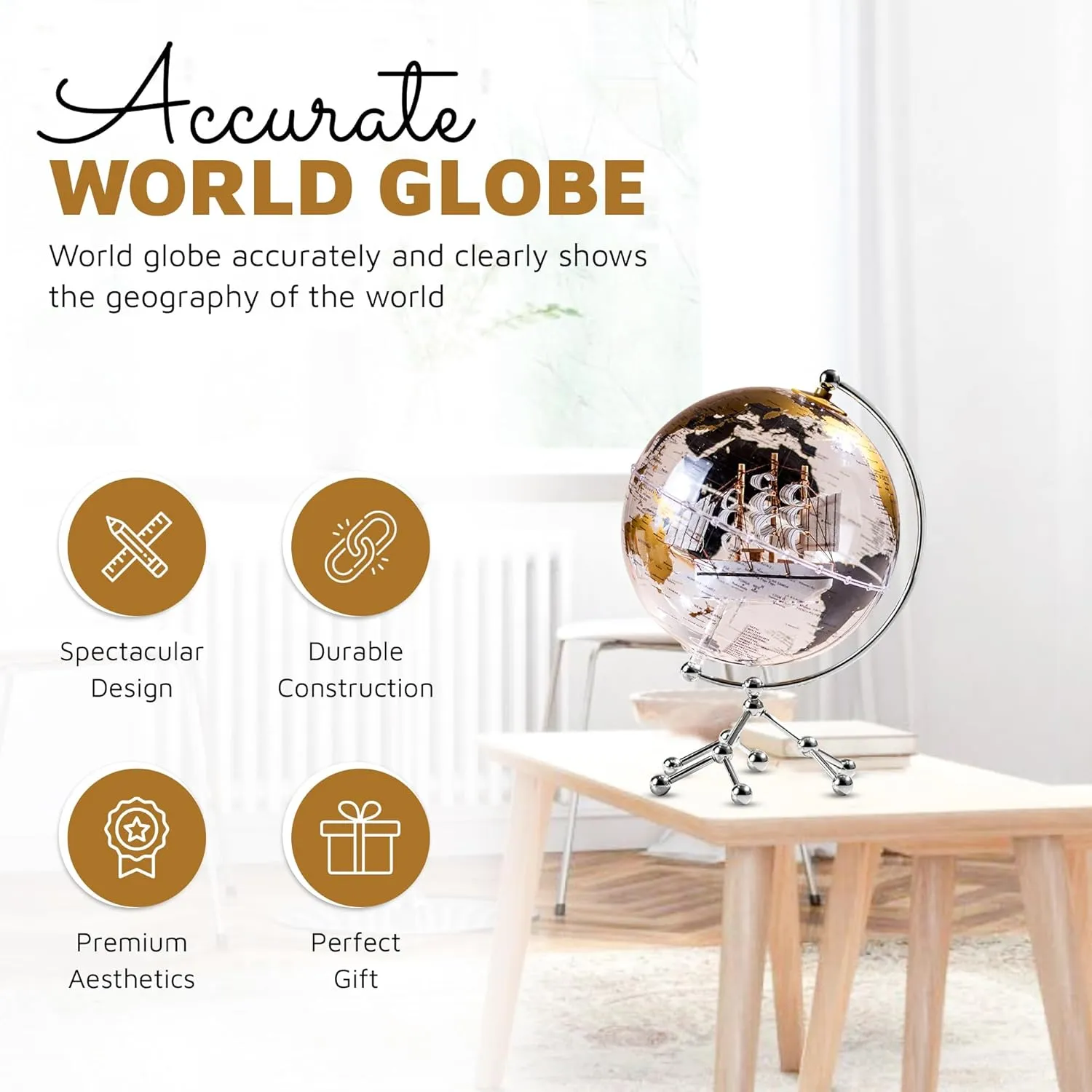 Nook & Goods Illuminated World Globe Lamp - 12" x 8" Plastic World Map Globe with Metal Stand - Rotating Earth Globe on Stand with Adjustable LED Light and USB Charging Port for Office/Home Décor (Gold)