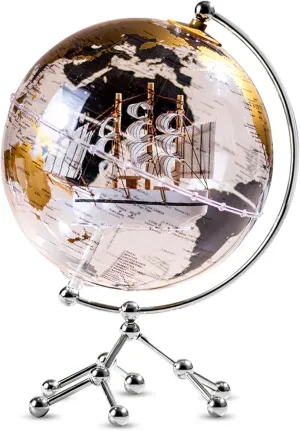 Nook & Goods Illuminated World Globe Lamp - 12" x 8" Plastic World Map Globe with Metal Stand - Rotating Earth Globe on Stand with Adjustable LED Light and USB Charging Port for Office/Home Décor (Gold)