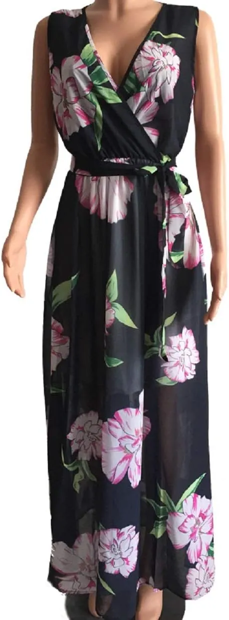 Nuofengkudu Womens Chiffon Deep V-Neck Stripe Printed Maxi Dress Unique Loose Summer Boho Dresses High Waiste(S-5XL)