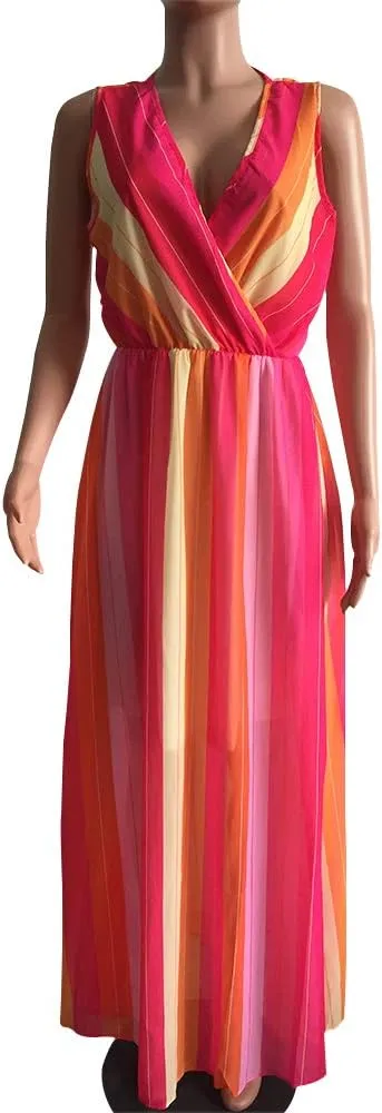 Nuofengkudu Womens Chiffon Deep V-Neck Stripe Printed Maxi Dress Unique Loose Summer Boho Dresses High Waiste(S-5XL)