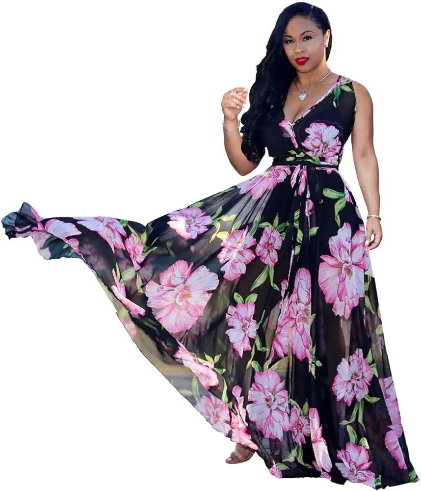 Nuofengkudu Womens Chiffon Deep V-Neck Stripe Printed Maxi Dress Unique Loose Summer Boho Dresses High Waiste(S-5XL)